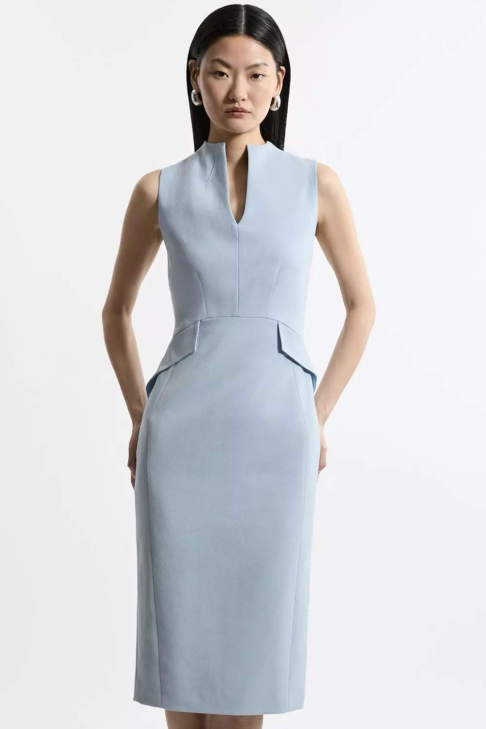 Structured Crepe High Neck Tailored Midi Pencil Dress Karen Millen